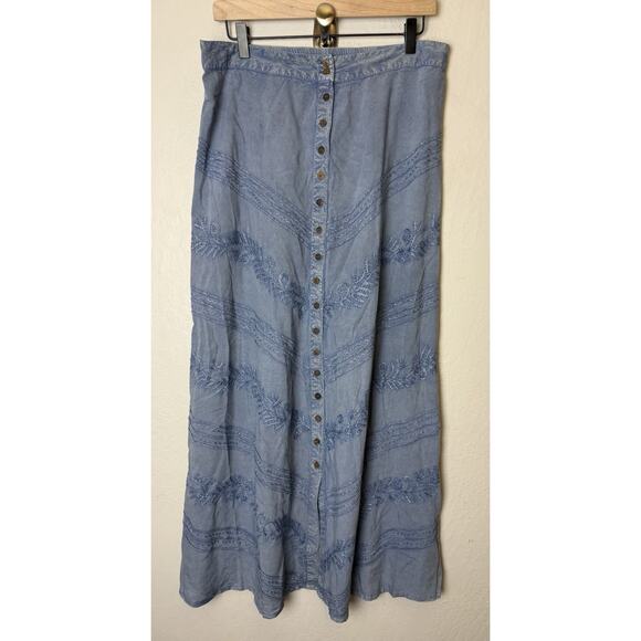 Soft Surroundings Maxi Boho Skirt Blue Embroidered Size Medium Button Front - Picture 1 of 3